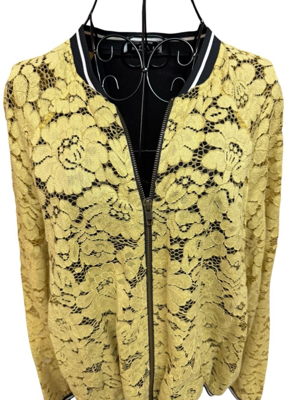 Elvi Yellow Floral Lace Zip Bomber Jacket